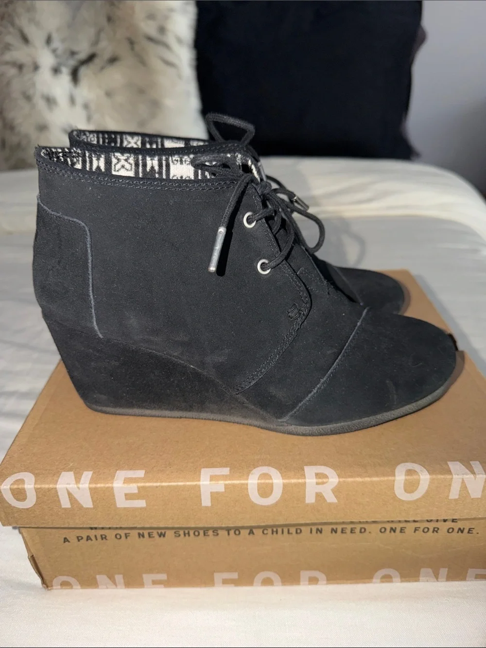 Toms Black Lace-Up Suede Wedge Booties